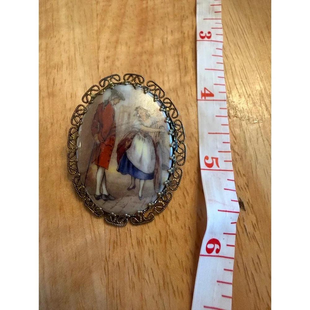 Vintage West Germany Fragonard Style Porcelain Transfer Filigree Brooch Pin